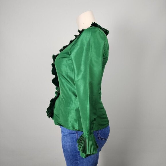 Oscar De La Renta Green Ruffle Button Front Blouse Size 14 - Picture 5 of 9